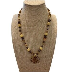 Handcrafted Art Glass Bead Necklace In Brown With Pendant, Barrel Clasp